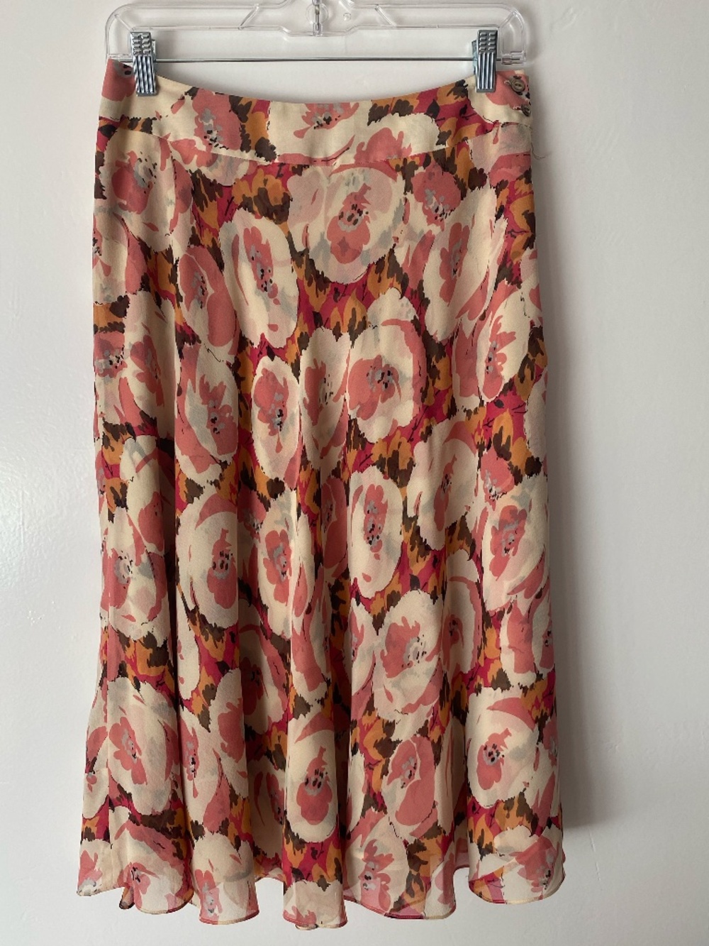 Jones New York 100% Silk Floral Midi Skirt Raspberry and Cream A-Line Women's 6